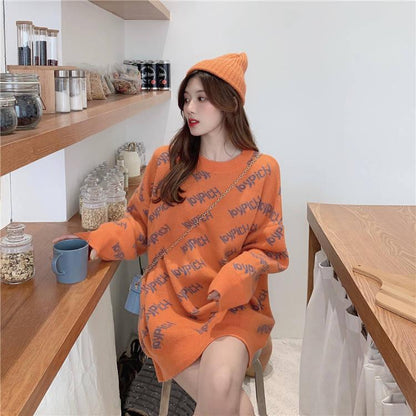 Women Letter Knitwear Crew Neck Loose Knitting Pullover Chic Solid Color Jumper Sweater Top