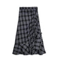 Folds Plaid Skirt Women High Waist A-line Mid-length Half Skirt Thin Daily Student School