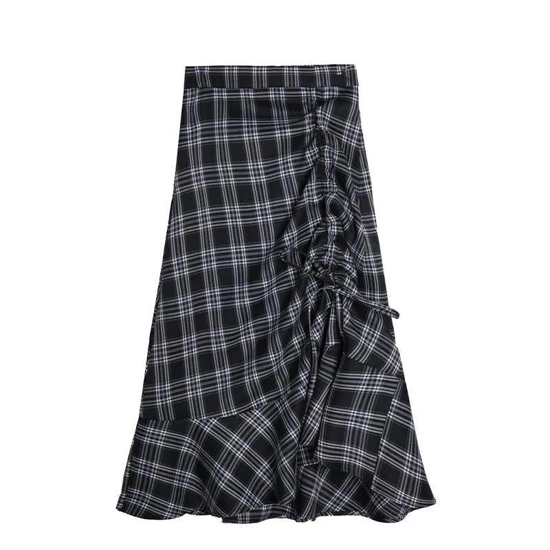 Folds Plaid Skirt Women High Waist A-line Mid-length Half Skirt Thin Daily Student School