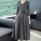 Plaid Printed Skirt Spring Summer Casual All-match Long Skirt V-neck Three-quarter Sleeves Waist Thin A-line Dress