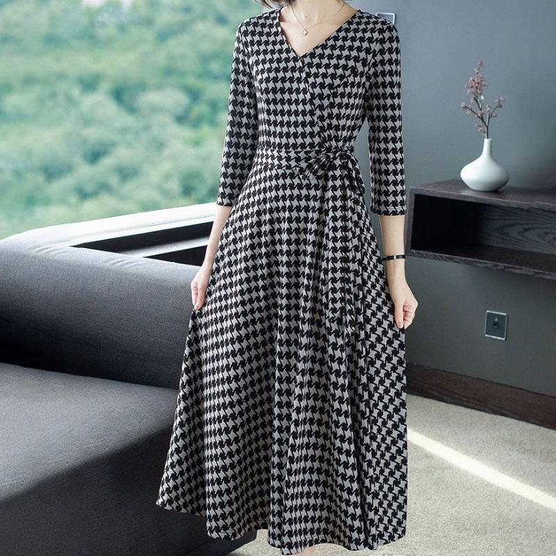 Plaid Printed Skirt Spring Summer Casual All-match Long Skirt V-neck Three-quarter Sleeves Waist Thin A-line Dress
