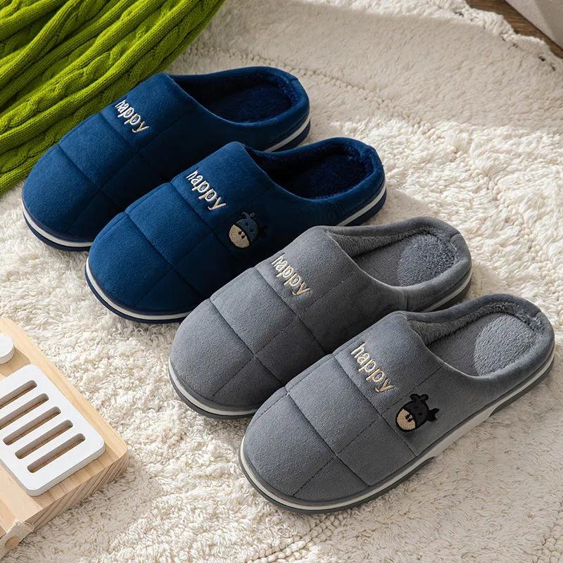 Winter Slippers Women Plaid Embroidery Non Slip Warm Men Slides Thick Fleece Warm Slippers Plus Size Shoes