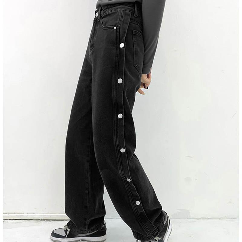 Autumn and Winter Black Buffet Jeans Female BF Wind Hip Hop Loose Straight High Street Splashing Wide Legs Tide