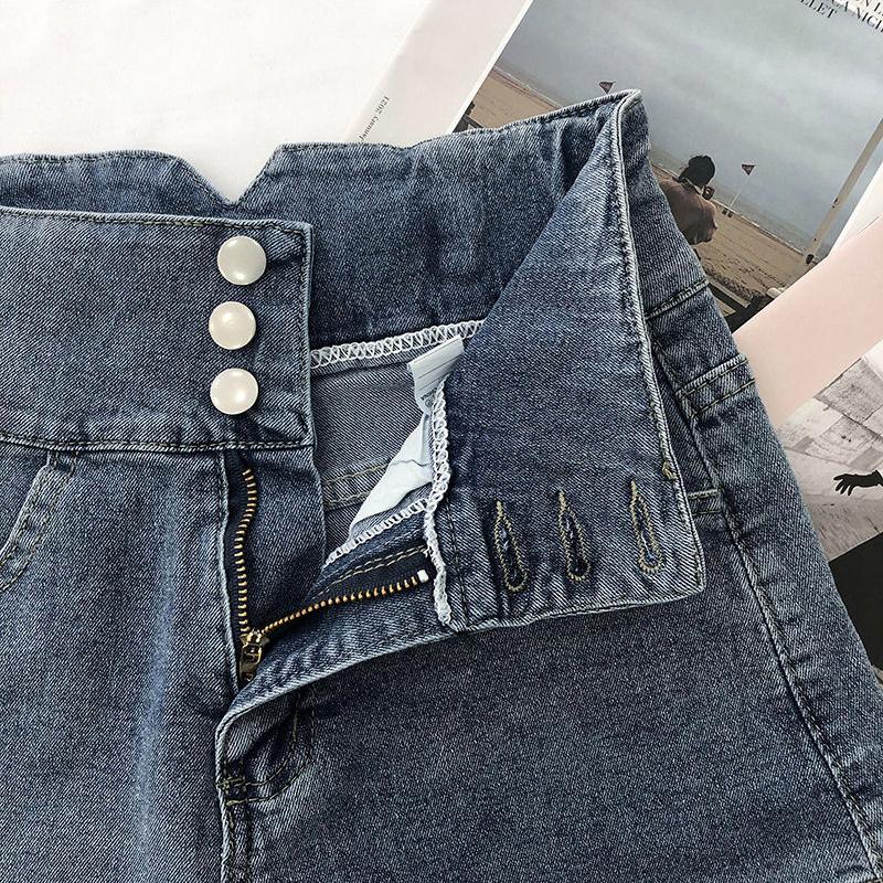 High Waist Denim Shorts Female Summer Korean Version of Ins Retro Metal Chain Design Sense A-line Wide-leg Pants