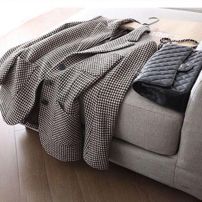 Casual Double Breasted Tweed Women Blazer Coat Long Spring Autumn Jackets Coats Female Chic Office Lady Tops