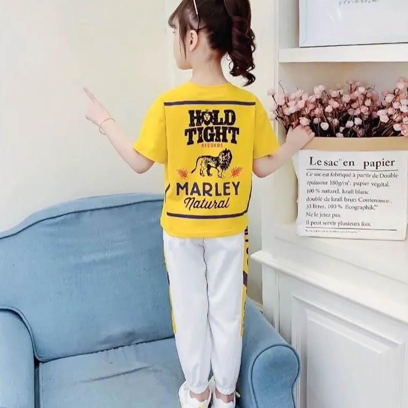 Cartoon Letter Printing Children's Suit Girls Summer Short-sleeved Trousers Sports Leisure Loose and Comfortable Breathable Children's Two-piece Set