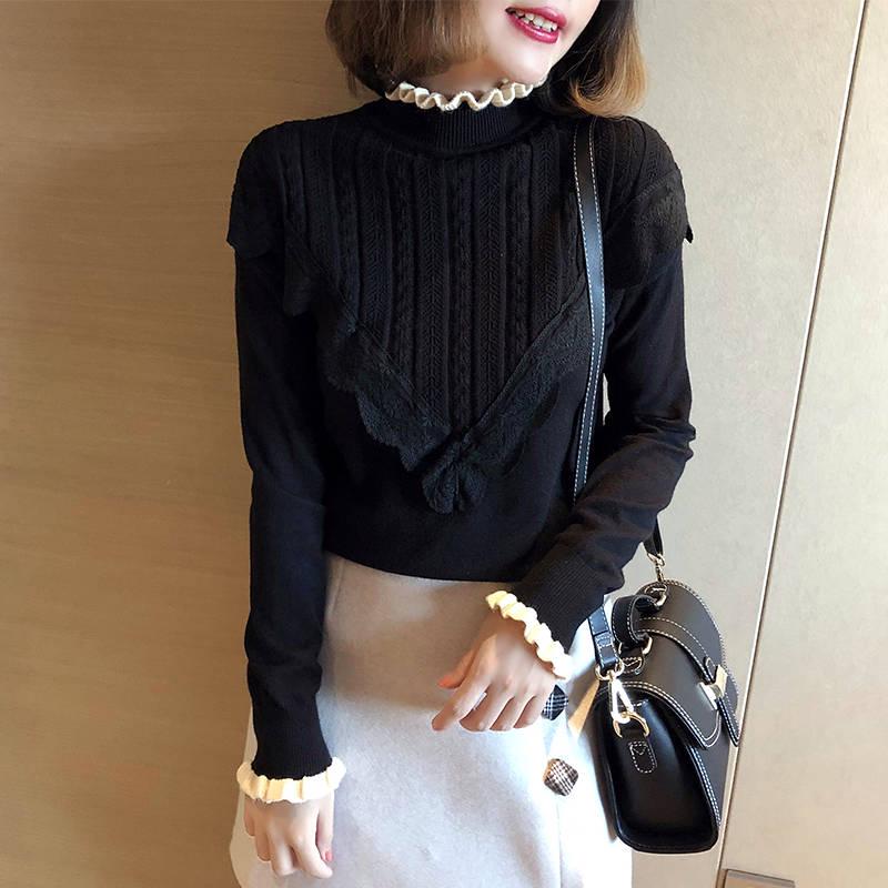 Pofulove Girly Ruffles Neck V-shaped Lace Knitwear Skin-friendly High Elastic Women Jumper Sweater