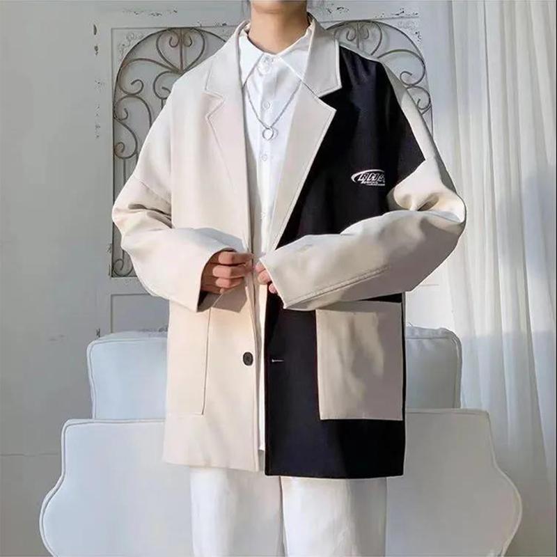 High-quality Contrast Color Stitching British Style Suit Men's Autumn Casual Loose Suit Jacket Long-sleeved Warm Mid-length Windbreaker