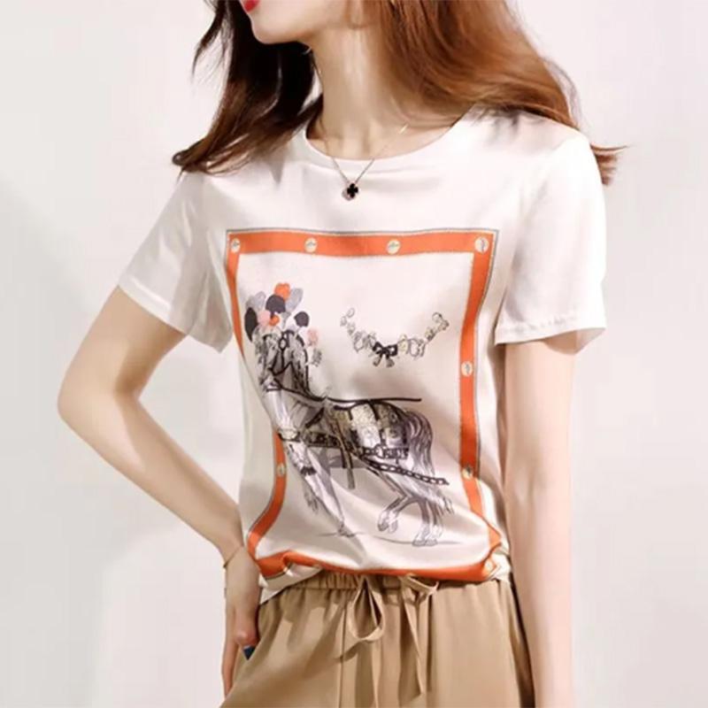 Skin-friendly Silky Imitation Silk Short-sleeved T-shirt Women's Printed Summer Shirt Korean Version Loose and Thin Top