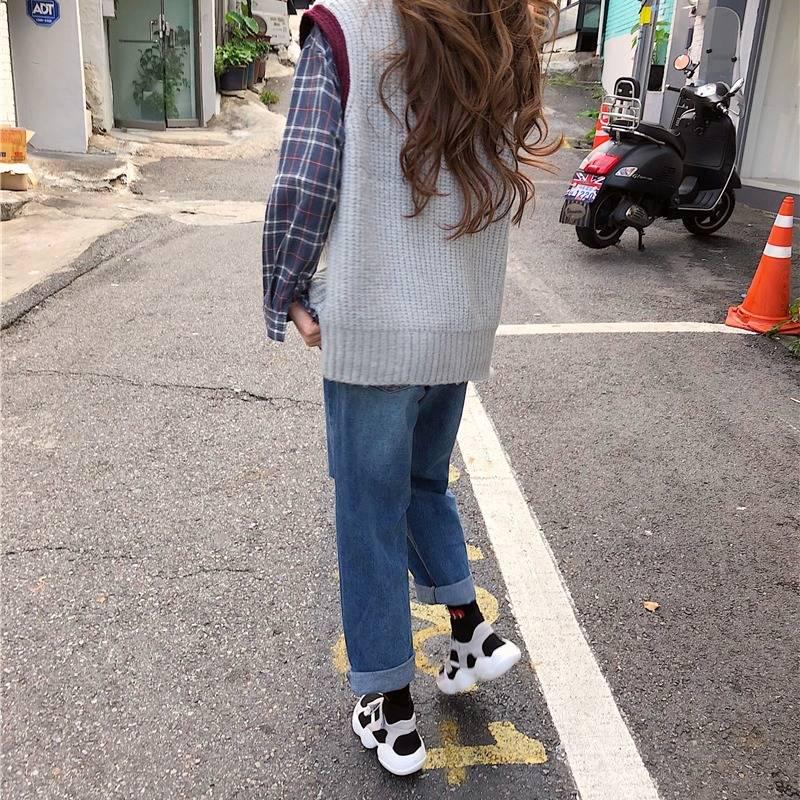 Pofulove Spring Autumn Korean Vest Knit Sweater V-neck Loose Vest Sweater Female Students Lazy Top