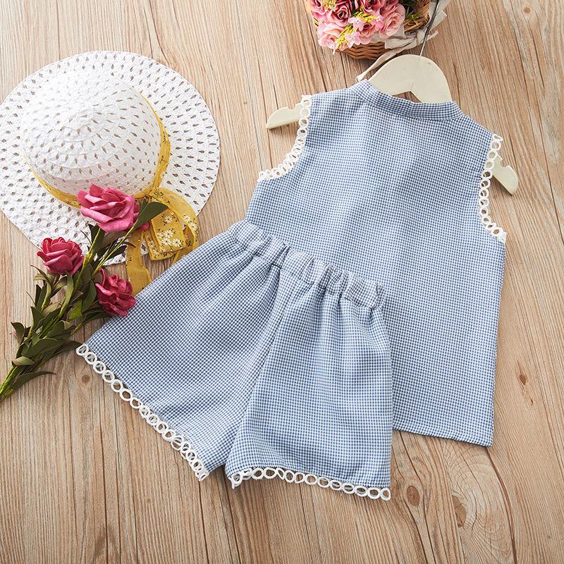 2PCS Summer Baby Girls Casual Korean Style Sleeveless Plaid Vest T-shirt Tops+Shorts Suits Costumes Set