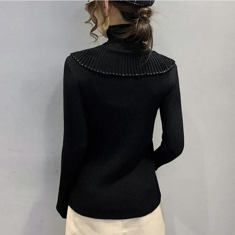 Ruffled Half Turtleneck Sweater Women  Autumn  Winter Wear Lace Style Self-cultivation Hollow Knit Bottoming Shirt Top
