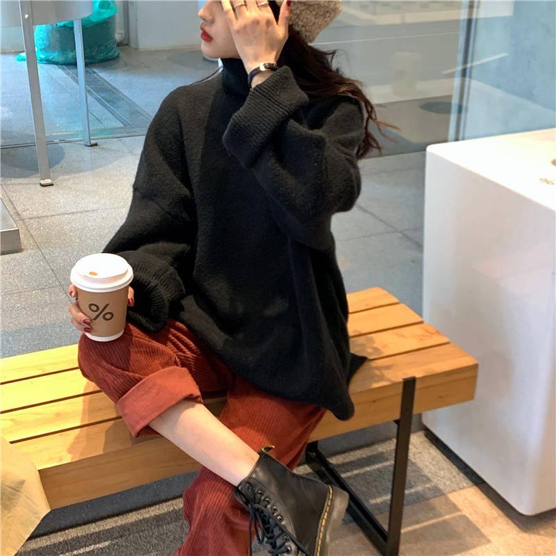 Winter Thick Solid Color Turtleneck Sweater Women Loose Pullover Wild Split Knit Jacket