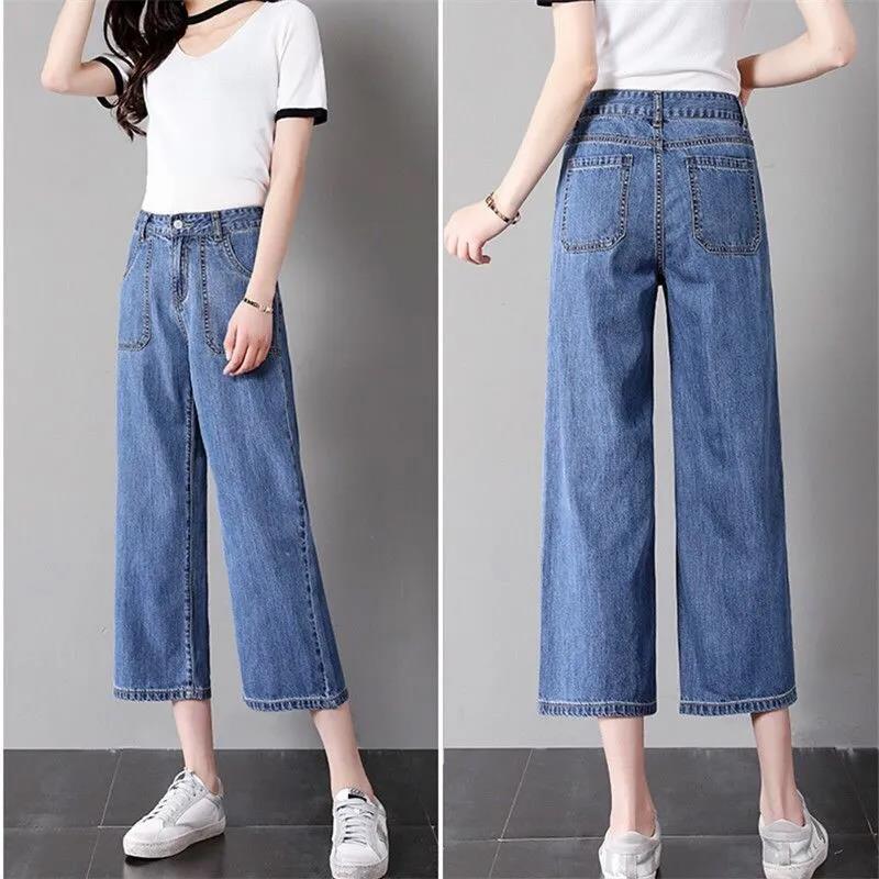 Korean Style Loose Student Wide-leg Jeans Women Summer Thin Simple Straight-leg Pants Women's High Waist Cropped Trousers