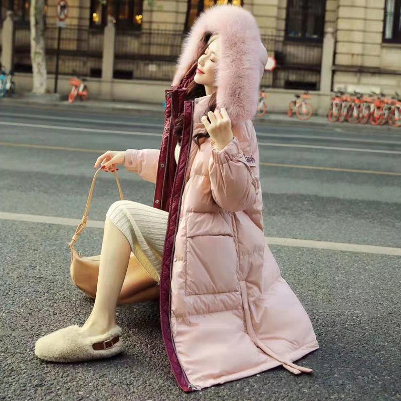 Fashion Trend Long Hooded Fur Collar Women's Down Jacket Autumn and Winter Plus Down Thickening Warm White Duck Down Jacket