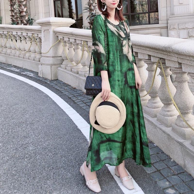 Green M-XXXXL Women's Summer Dress Middle-aged 3/4 Sleeve Round Neck Printing Length To Calf Daily Wear Homewear