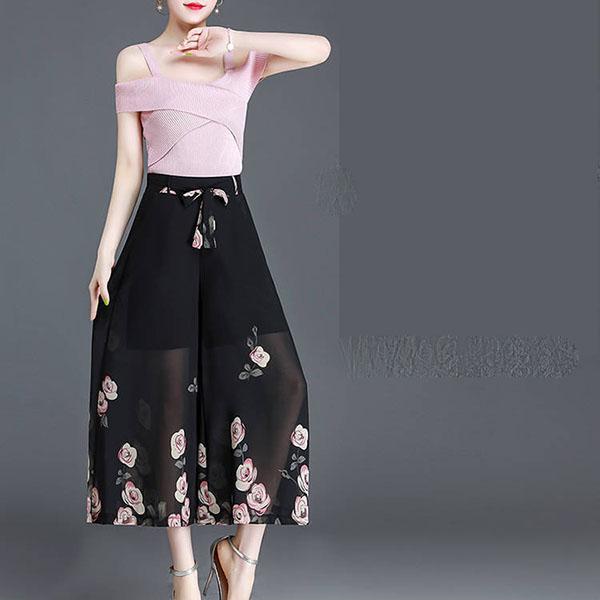 S-4XL Women's Spring Summer Elastic Waist Wide Leg Pants Large Size Thin Loose Printed Cropped Pants