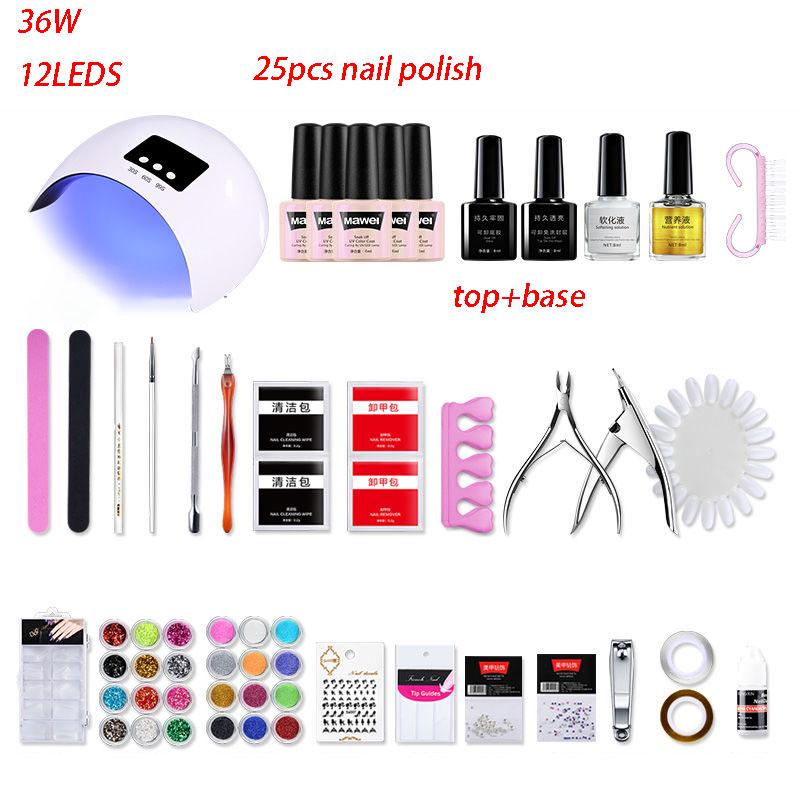 Manicure Set Kit 36W led UV Lamp Dryer 25pcs Soak Off Nail Gel Polish Nail art Set nail dryer set