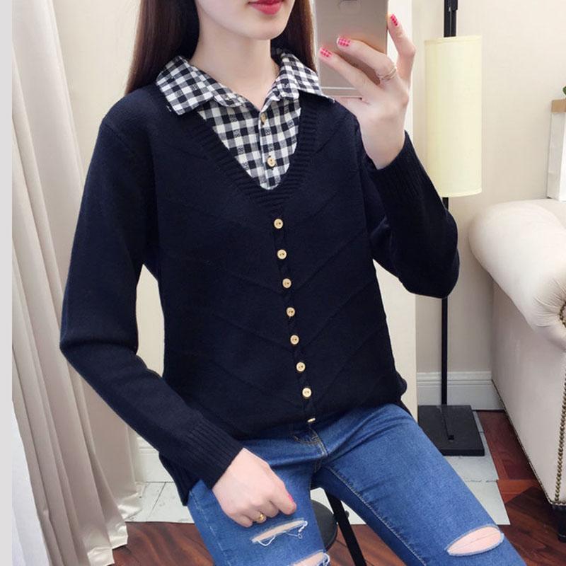 Autumn/Winter Korean Patchwork Pullover Loose Lapel Sweater Female Fake Two Piece Pullover Knitted Sweater Top