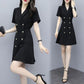 Vintage Suit Collar Short Sleeve A Line Dresses Elegant France Office Ladies Dress Retro Robe Dress