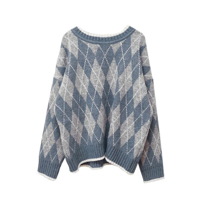 Autumn Winter Vintage Rhombus Plaid Sweater Women Thick Warm Loose Pullover Sweater Tops Bottoming /outwear
