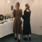 Autumn and Winter Solid Color Lantern Sleeve Square Collar Design Large Cute Bow Mid Length Long Sleeve Dress