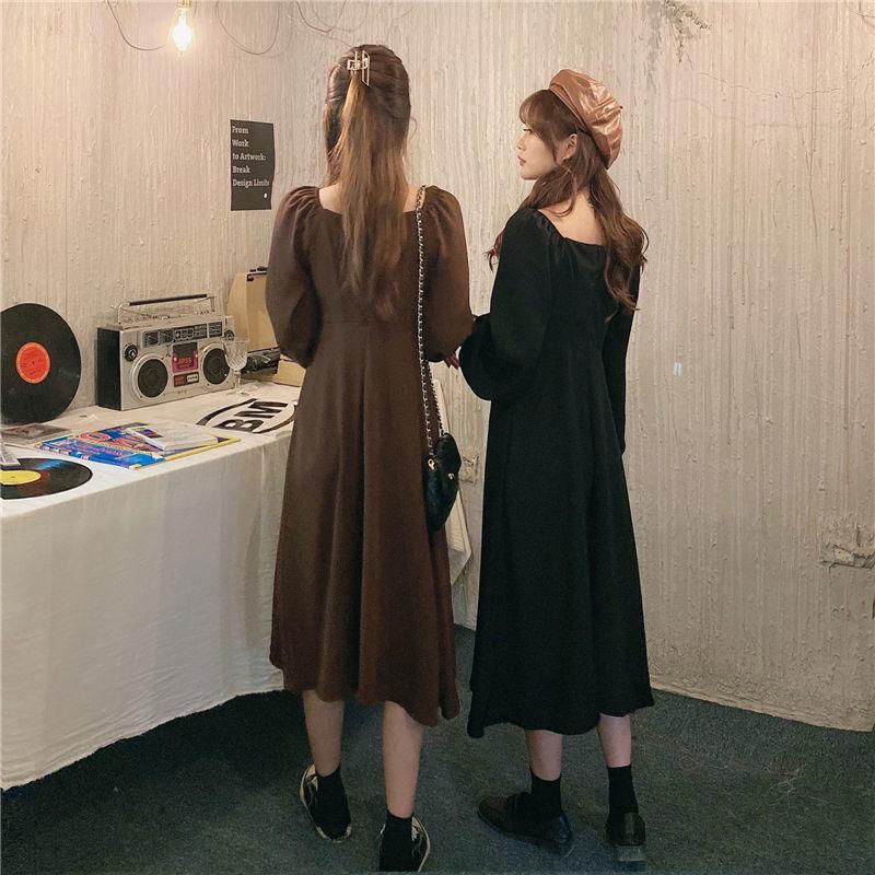 Autumn and Winter Solid Color Lantern Sleeve Square Collar Design Large Cute Bow Mid Length Long Sleeve Dress
