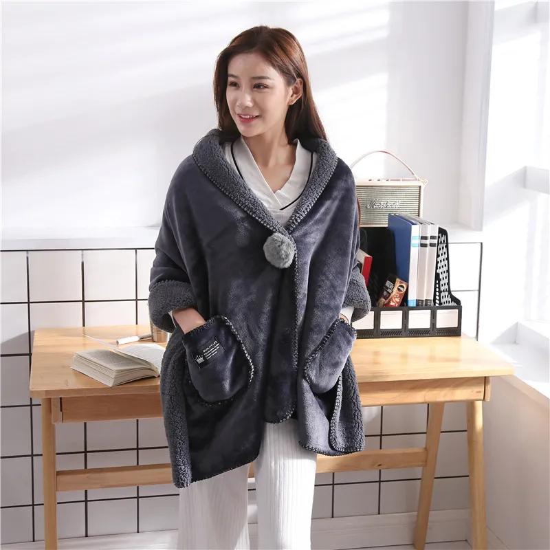 Autumn  Winter Multi functional Shawl Blanket Office Nap Blanket Thick Flannel Lamb Wool Blanket Knee Blanket Fur Ball Pocket Mantle Shawl