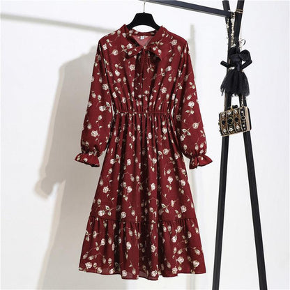 Women Dress Long Sleeve Casual Autumn DressKorean Style Vintage Floral Printed Chiffon Shirt Dress Bow Midi Summer Dress
