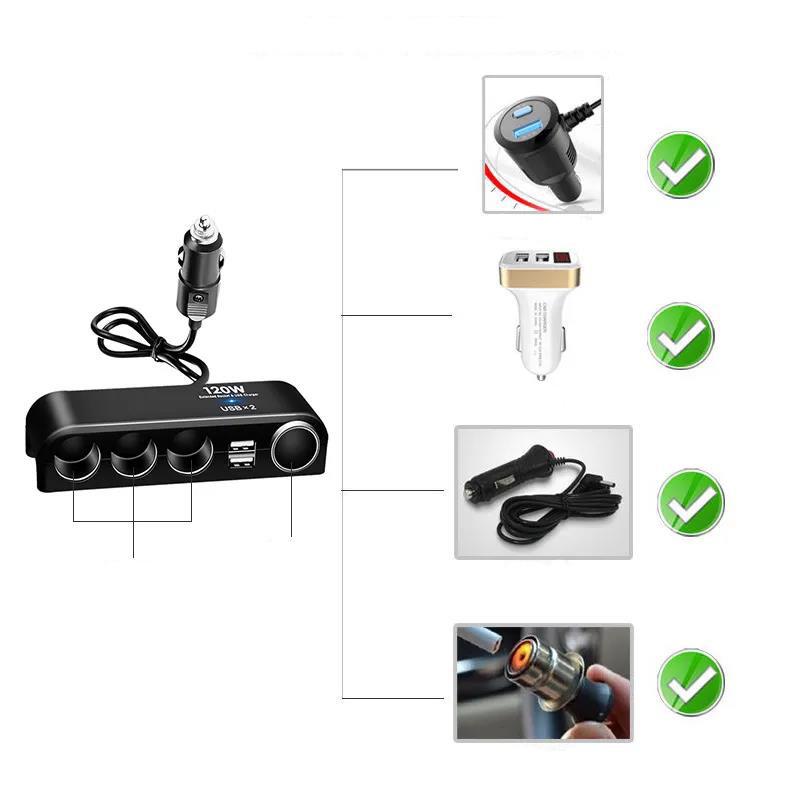 1/2pcs 120W 6-in-1 Car Charger Fast Charging Adapter Multifunctional Car Socket Cigarette Lighter Head Power Converter