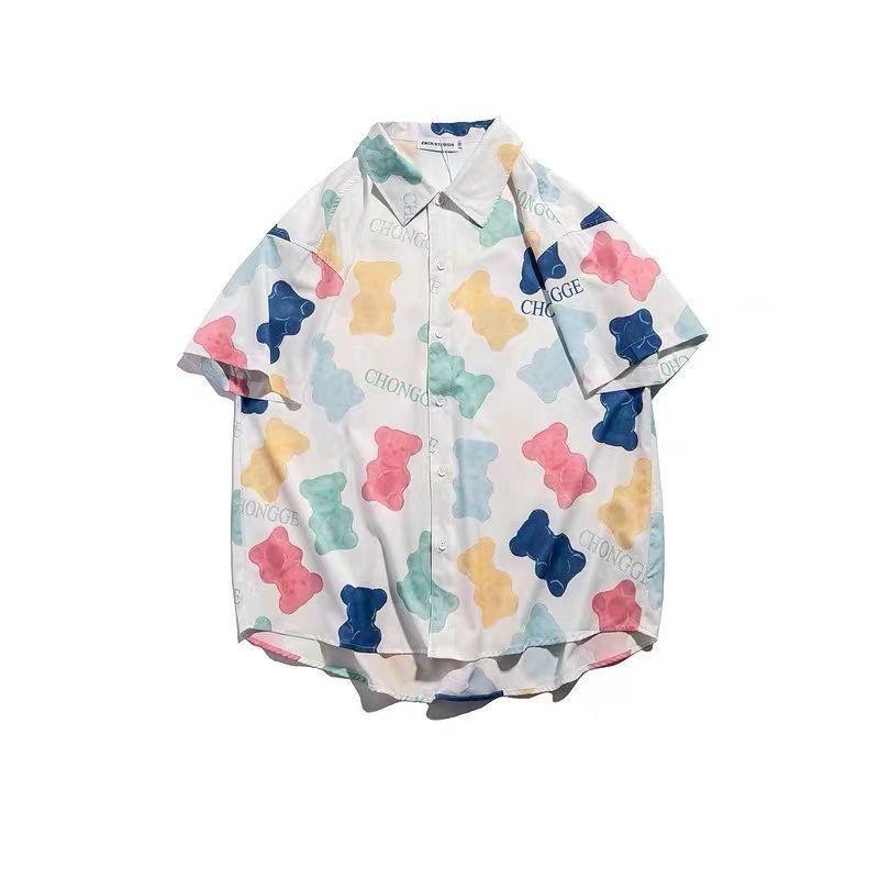 Summer Color Ink Bear Print Short-sleeved Shirt Loose-fitting Couple Shirt