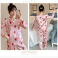 Ice Silk Pajamas Set V Neck  Long-sleeved Set for Womens Spring Autumn Thin Flower Cartoon Printed Outer Wear Home Clothes Two Pieces Set