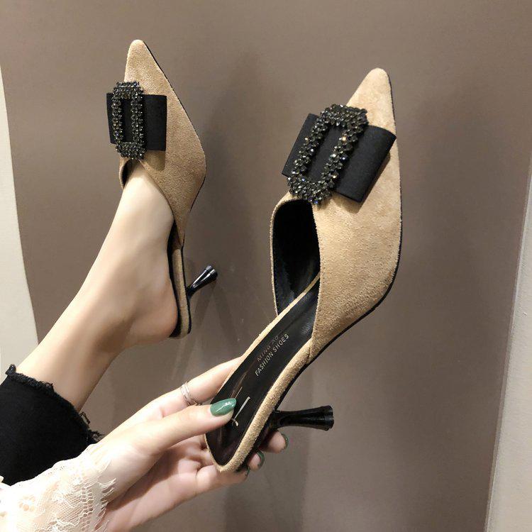 Women's Sandals and Slippers Half Slippers Pointed Toe Spring and Summer Suede Ladies Slippers for Outside Wear