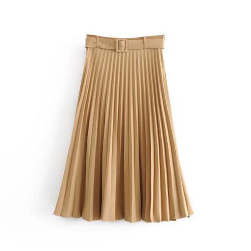 Skirt+Belt Female Pleated Skirt Euro-American Women's Fashion Pure Colored  Loose Half-length Skirt
