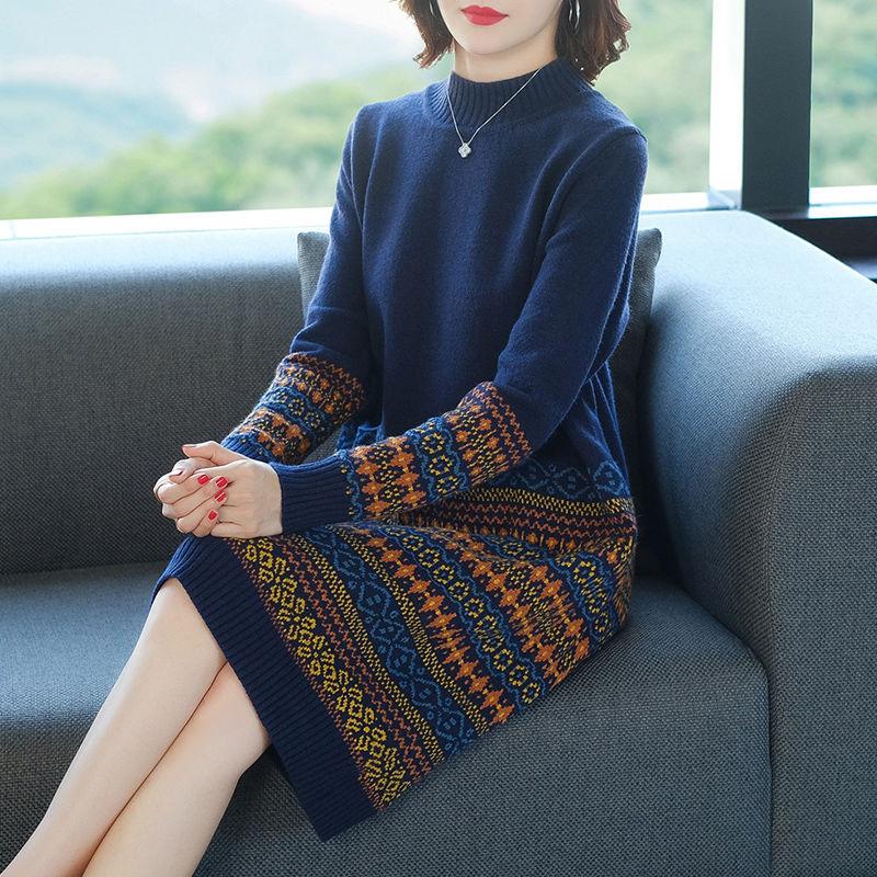 Women's Retro Rhombus Printed Sweater Long Jacquard Knitted Dress Pullover Sweater Dress with Pockets for Bottoming or Outer Wear