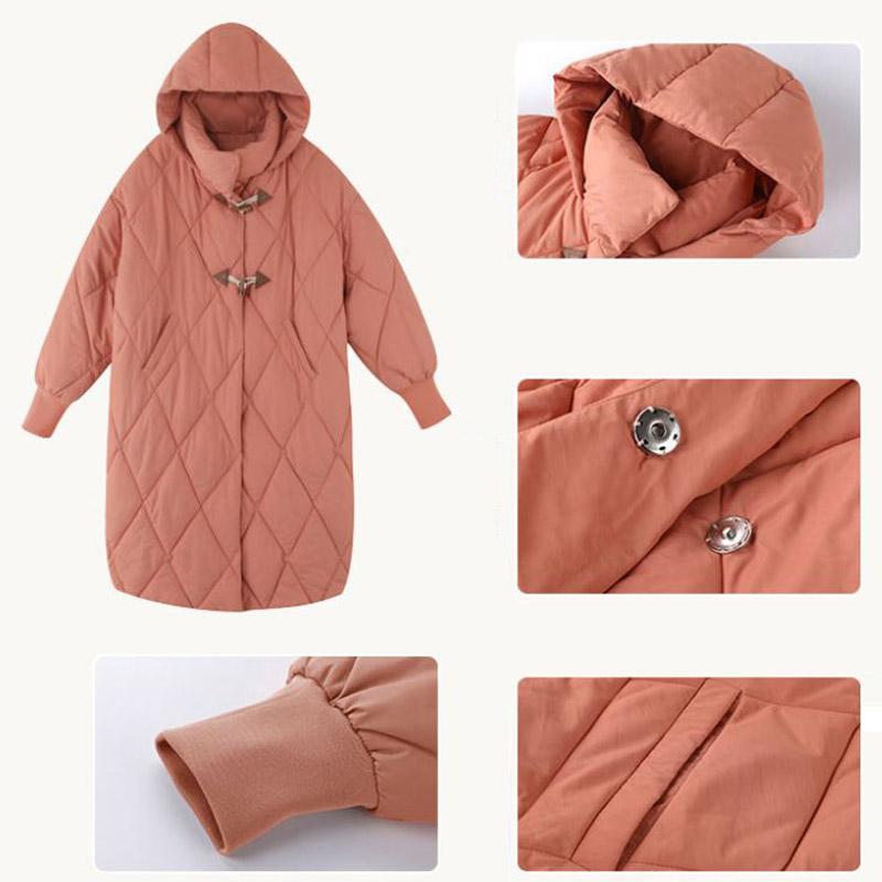 Down Jacket Winter Thick Horn Buckle Hooded Cotton-padded Jacket Korean Version of The Diamond Lattice Mid-length Over-the-knee Down Jacket for Women