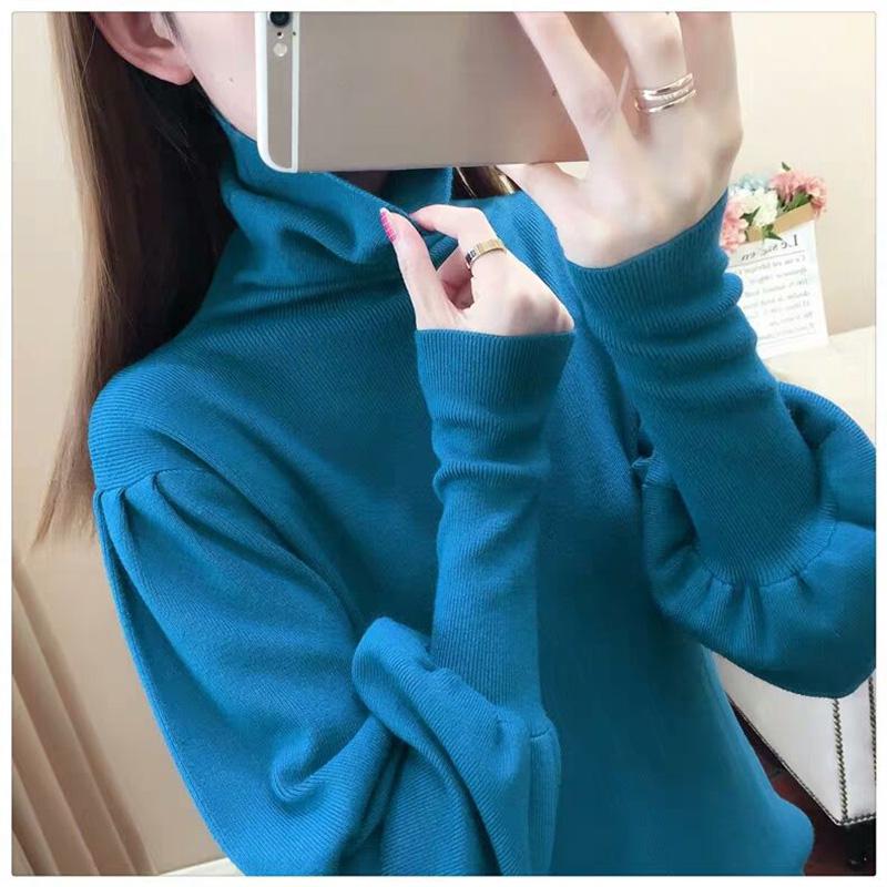 Core-spun High-neck Slim-fit Sweater Women Autumn and Winter Lantern Sleeve Knit Top Fashion Loose Bottoming Shirt Tide