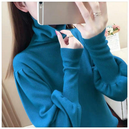 Core-spun High-neck Slim-fit Sweater Women Autumn and Winter Lantern Sleeve Knit Top Fashion Loose Bottoming Shirt Tide