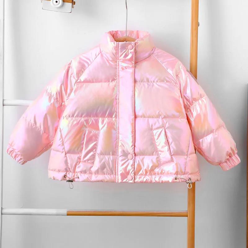 Girls' Shiny Warm and Windproof Cotton Jacket Fleece Padded Hooded Winter Padded Jacket