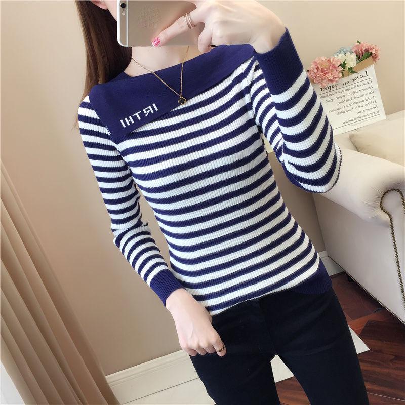 Autumn Winter Women's Boat Neck  Sweater Korean Style All-mach Striped Sweater Slim Long-sleeve Bottoming Top