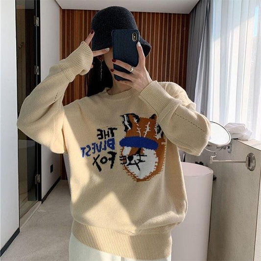 Autumn and Winter College Style Knit Round Neck Long Sleeve Students Loose and Thin Mid-length Coat Sweater Women