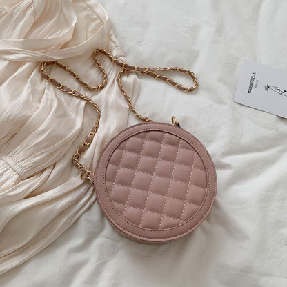 Diamond Lattice Round Bag Metal Chain Pu Leather Messenger Bag Women Outing Trip Large Capacity Crossbody Bags