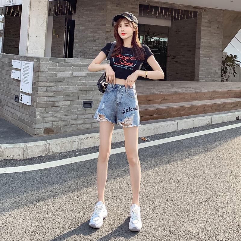 WTEMPO Summer Denim Shorts Children Students Loose High Waist Wide Legs Broken Holes Wild Thin Dress