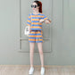 Cotton Striped Sports Suit Women Loose Round Neck Short Sleeve Tethered Shorts Two-piece Running Casual Wear Cute Home Wear Pajamas