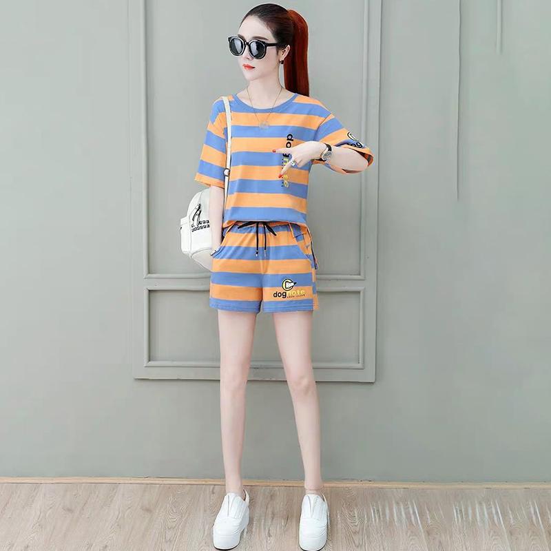 Cotton Striped Sports Suit Women Loose Round Neck Short Sleeve Tethered Shorts Two-piece Running Casual Wear Cute Home Wear Pajamas