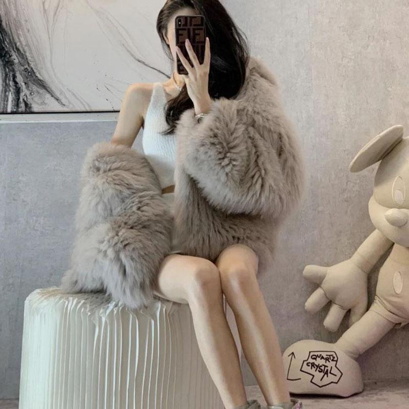 Winter Women's Fox Fur Mid-length Fur Collar Jacket Thick Faux Fur Hooded Jacket Korean Mid-length Mink Fur Plush Jacket