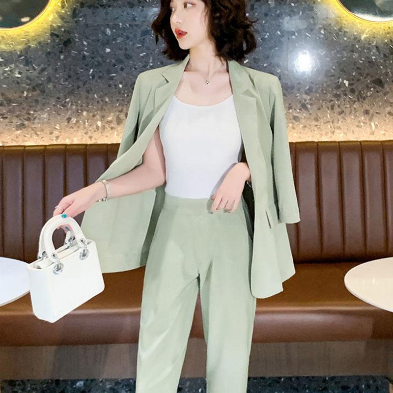 2PCS Women's Solid Color Suits Set Ladies Suit Thin Jacket + Loose Casual Pants Two-piece  Spring and Autumn Large Size Fat Girl Slimming Suit