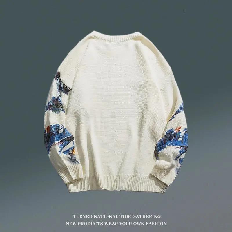 Men's Round Neck Sweater Slim-fit Chinese Style Printed and Dyed Pullover Sweater Street Loose Bf Style Casual Knit Sweater Top Suitable for Teenagers