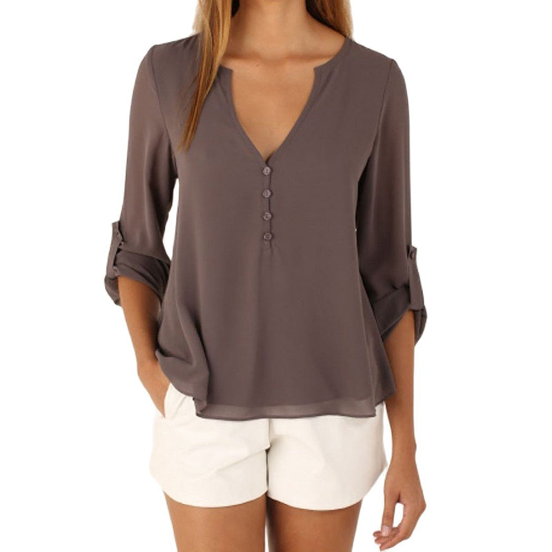 Elegant Chiffon Shirt Women Long-Sleeved V-neck Loose Large Blouses V Neck Tops Solid Color Shirts Woman Summer Clothing