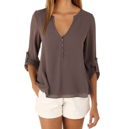 Elegant Chiffon Shirt Women Long-Sleeved V-neck Loose Large Blouses V Neck Tops Solid Color Shirts Woman Summer Clothing